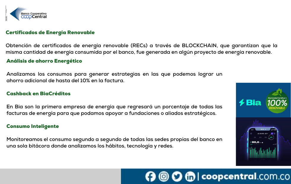 Coopcentral Primer Banco en Colombia en certificar su consumo de energía renovable